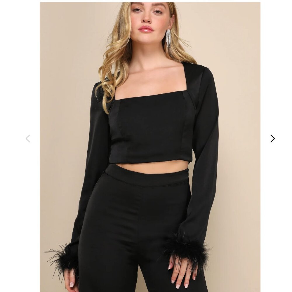 Lulus Premium Aura Black Satin Feather Long Sleeve Crop Top